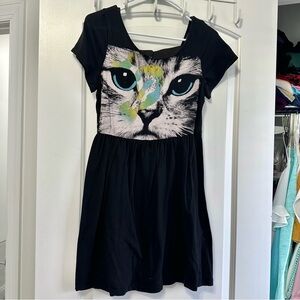 Cat Face Graphic Skater Dress Black Short Sleeve Cute Kitty Dress Size S